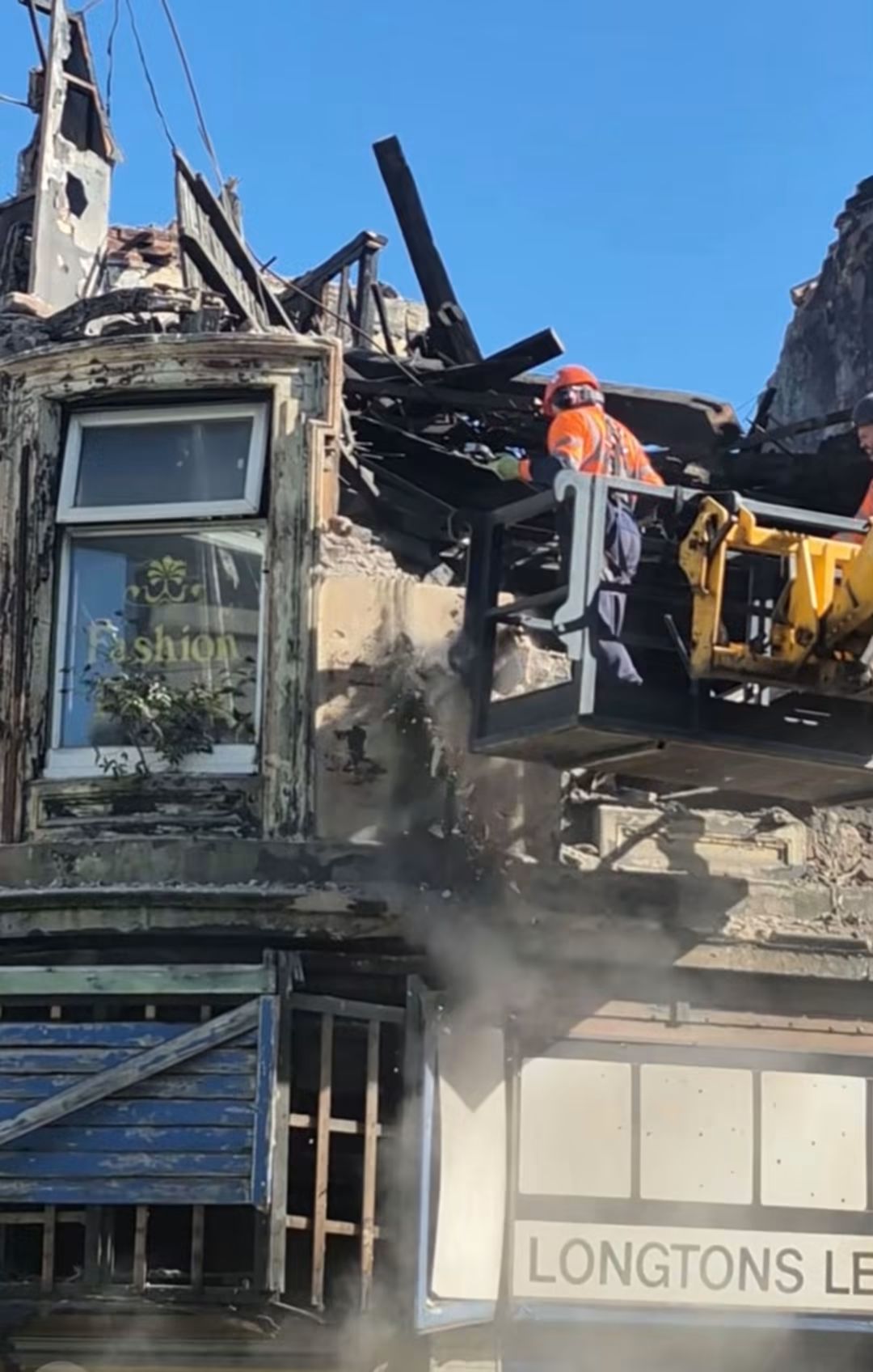Demolition work on the fire-damaged building on Market Street, Longton