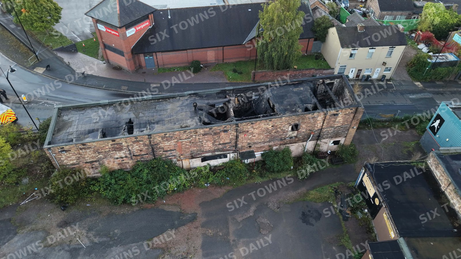 Aerial Pictures Show Burnt-Out Shell Of Derelict Burslem Building The Morning After Fire